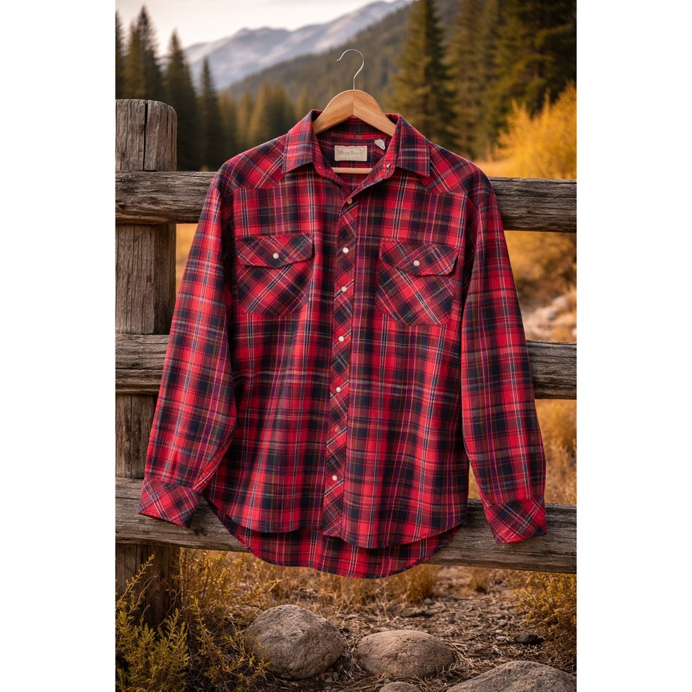 Vintage Open Trails Mens Shirt Sz L Red Checked Pearl Snap‎ Long Sleeve Mountain